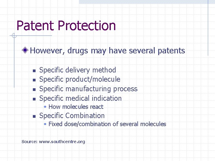 Patent Protection However, drugs may have several patents n n Specific delivery method product/molecule