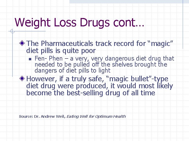Weight Loss Drugs cont… The Pharmaceuticals track record for “magic” diet pills is quite