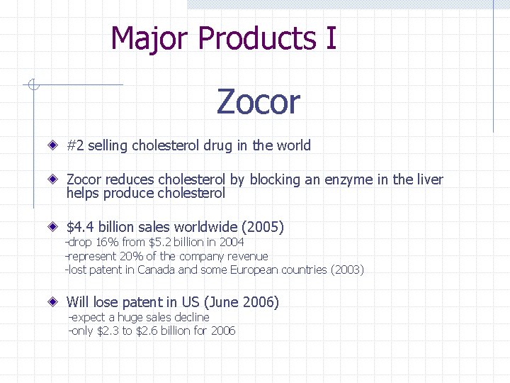 Major Products I Zocor #2 selling cholesterol drug in the world Zocor reduces cholesterol