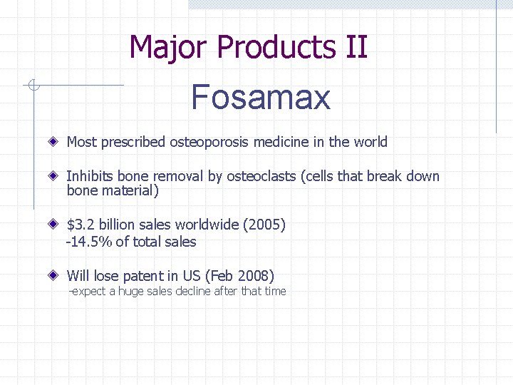 Major Products II Fosamax Most prescribed osteoporosis medicine in the world Inhibits bone removal