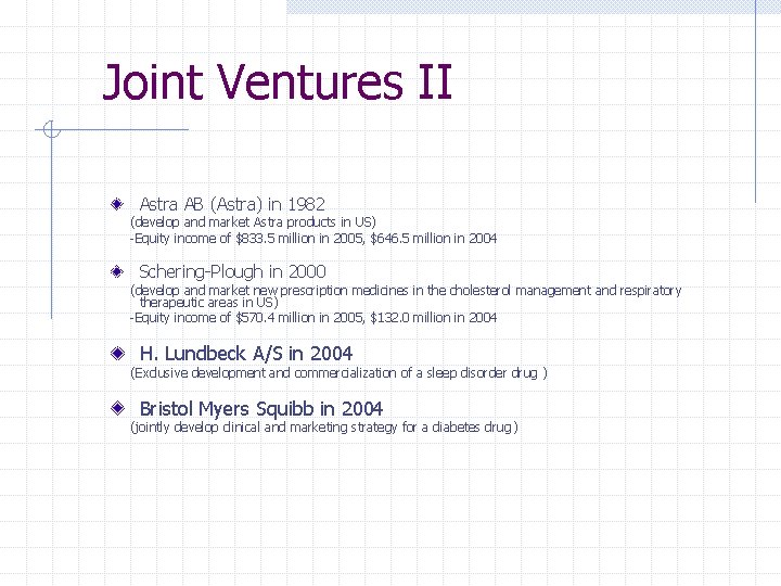 Joint Ventures II Astra AB (Astra) in 1982 (develop and market Astra products in