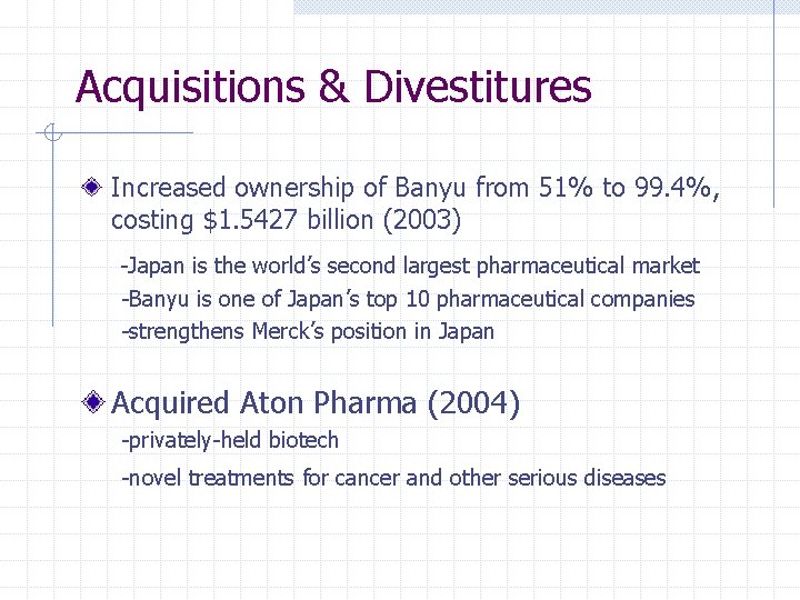 Acquisitions & Divestitures Increased ownership of Banyu from 51% to 99. 4%, costing $1.