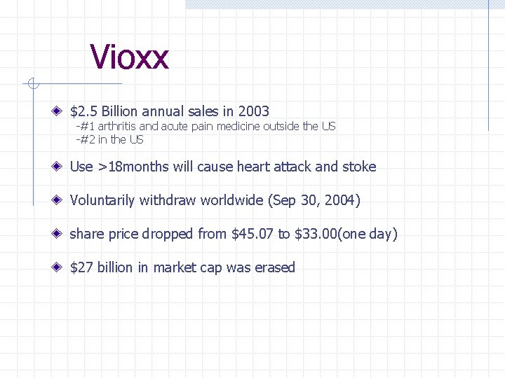 Vioxx $2. 5 Billion annual sales in 2003 -#1 arthritis and acute pain medicine