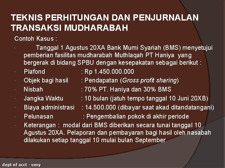 TEKNIS PERHITUNGAN DAN PENJURNALAN TRANSAKSI MUDHARABAH Contoh Kasus : Tanggal 1 Agustus 20 XA