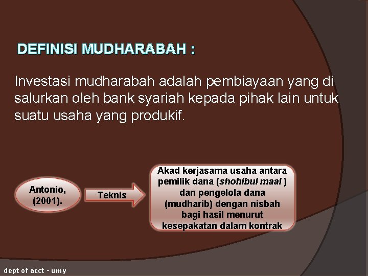 DEFINISI MUDHARABAH : Investasi mudharabah adalah pembiayaan yang di salurkan oleh bank syariah kepada