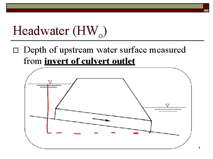 Headwater (HWo) o Depth of upstream water surface measured from invert of culvert outlet
