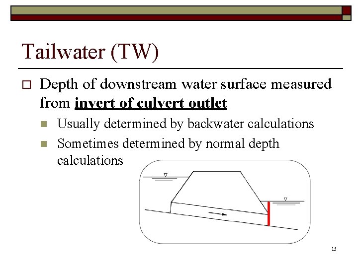 Tailwater (TW) o Depth of downstream water surface measured from invert of culvert outlet