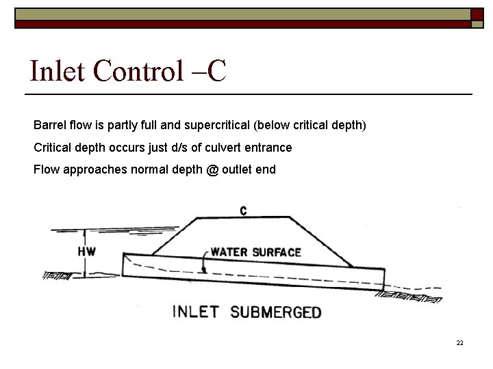 Inlet Control –C Barrel flow is partly full and supercritical (below critical depth) Critical