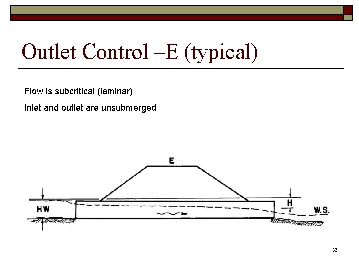 Outlet Control –E (typical) Flow is subcritical (laminar) Inlet and outlet are unsubmerged 33