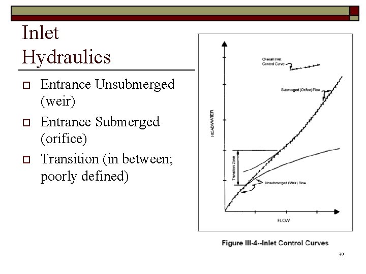 Inlet Hydraulics o o o Entrance Unsubmerged (weir) Entrance Submerged (orifice) Transition (in between;