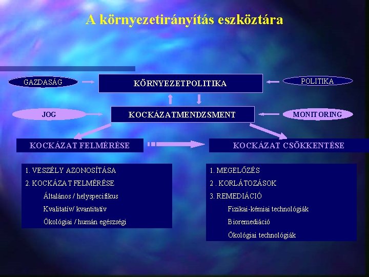 A környezetirányítás eszköztára KÖRNYEZETPOLITIKA KOCKÁZATMENDZSMENT MONITORING GAZDASÁG JOG KOCKÁZAT FELMÉRÉSE KOCKÁZAT CSÖKKENTÉSE 1. VESZÉLY