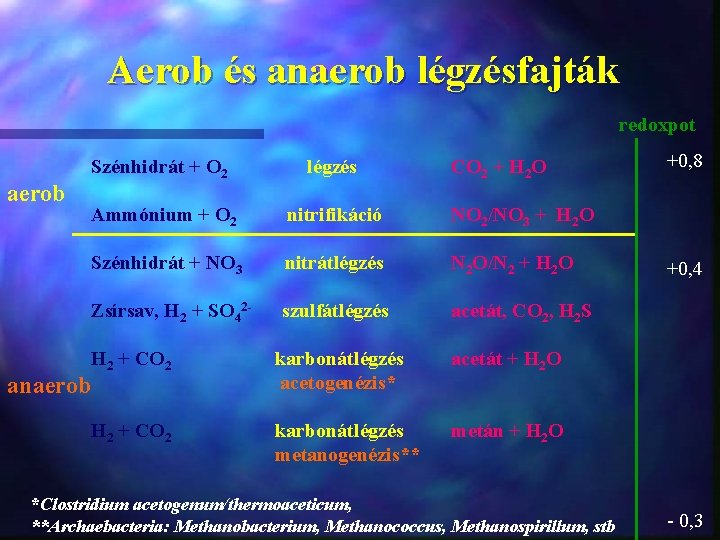 Aerob és anaerob légzésfajták redoxpot aerob anaerob Szénhidrát + O 2 légzés CO 2