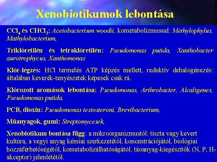 Xenobiotikumok lebontása CCl 4 és CHCl 3: Acetobacterium woodii, kometabolizmussal: Methylophylus, Mathylobacterium, Triklóretilén és