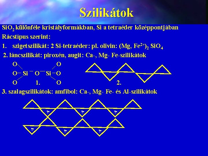 Szilikátok Si. O 2 különféle kristályformákban, Si a tetraéder középpontjában Rácstípus szerint: 1. szigetszilikát: