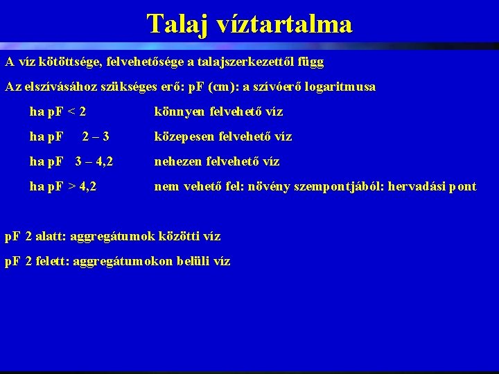 Talaj víztartalma A víz kötöttsége, felvehetősége a talajszerkezettől függ Az elszívásához szükséges erő: p.