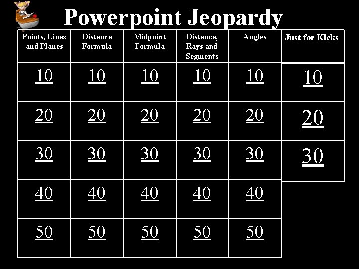 Powerpoint Jeopardy Points, Lines and Planes Distance Formula Midpoint Formula Distance, Rays and Segments