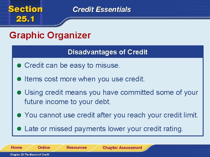 Graphic Organizer Disadvantages of Credit can be easy to misuse. Items cost more when