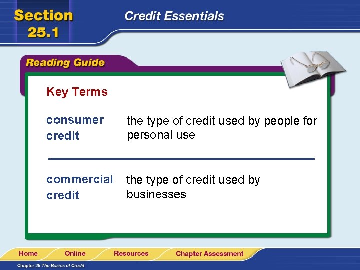 Key Terms consumer credit the type of credit used by people for personal use