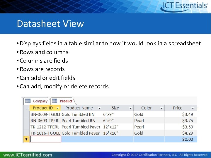 Datasheet View • Displays fields in a table similar to how it would look Datasheet View • Displays fields in a table similar to how it would look