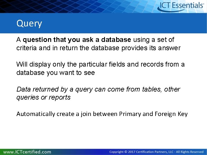 Query A question that you ask a database using a set of criteria and Query A question that you ask a database using a set of criteria and