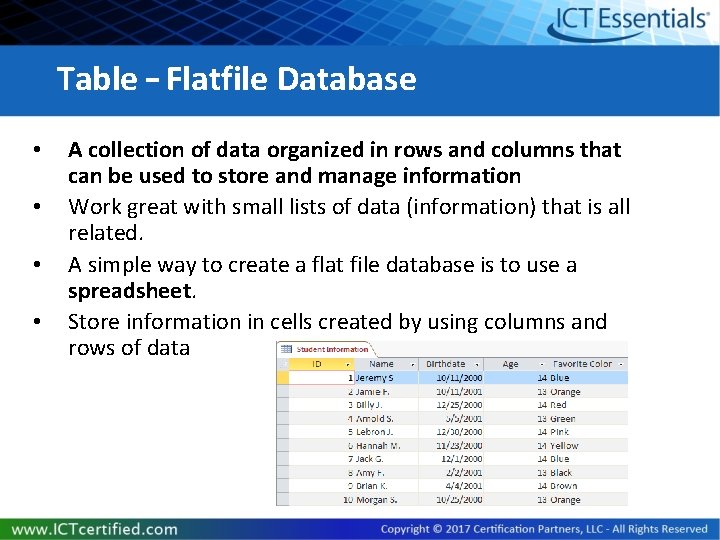 Table – Flatfile Database • • A collection of data organized in rows and Table – Flatfile Database • • A collection of data organized in rows and