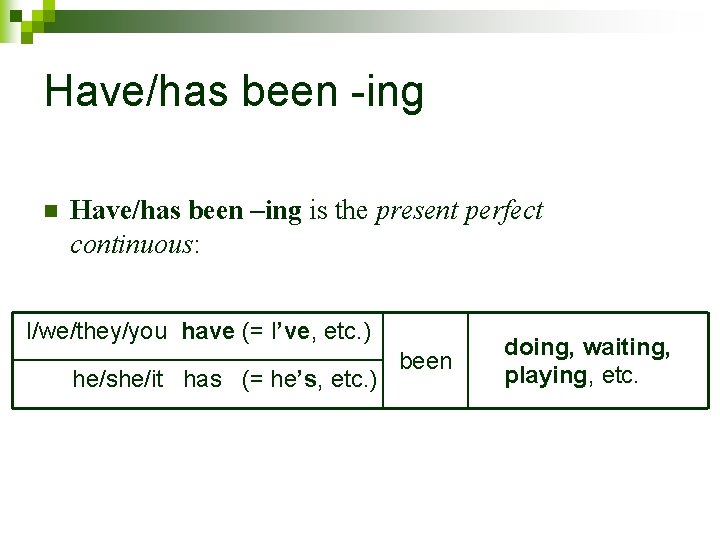 Have/has been -ing n Have/has been –ing is the present perfect continuous: I/we/they/you have