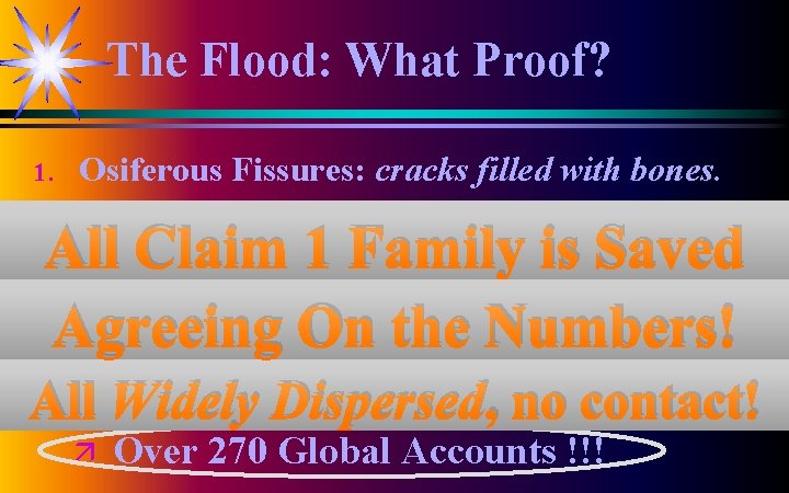 The Flood: What Proof? 1. 2. Osiferous Fissures: cracks filled with bones. Siberian Mammoths