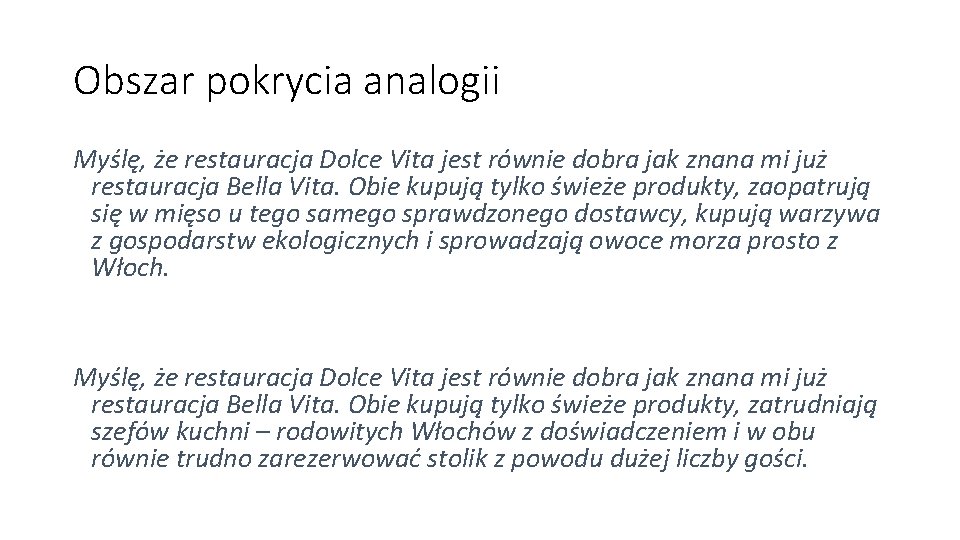 Obszar pokrycia analogii Myślę, że restauracja Dolce Vita jest równie dobra jak znana mi