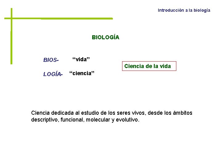 Introducción a la biología BIOLOGÍA BIOSLOGÍA- “vida” Ciencia de la vida “ciencia” Ciencia dedicada