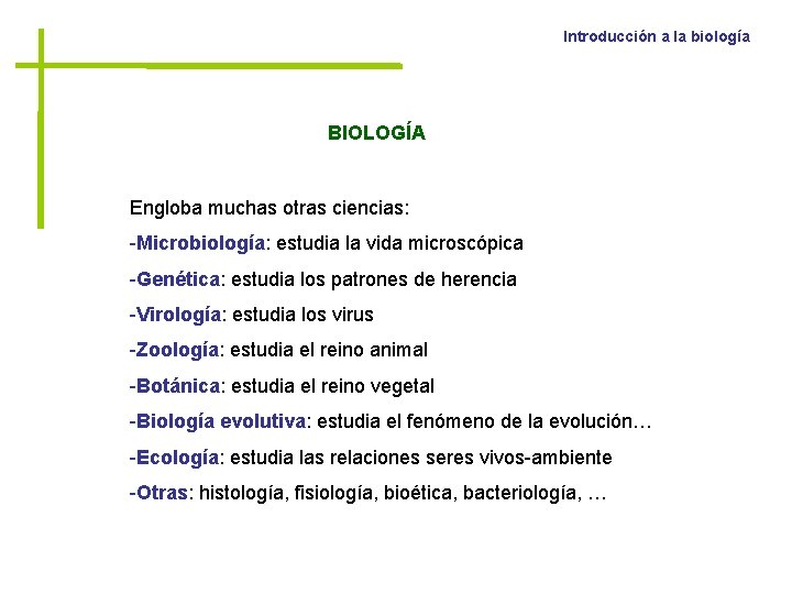 Introducción a la biología BIOLOGÍA Engloba muchas otras ciencias: -Microbiología: estudia la vida microscópica