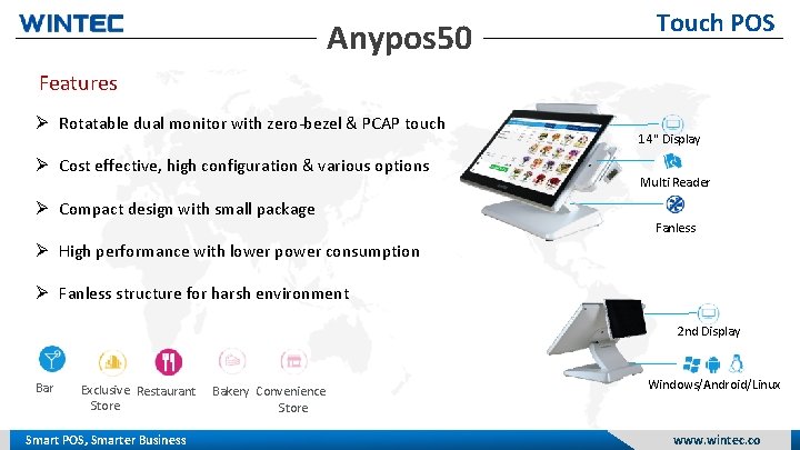 Anypos 50 Touch POS Features Rotatable dual monitor with zero-bezel & PCAP touch Cost