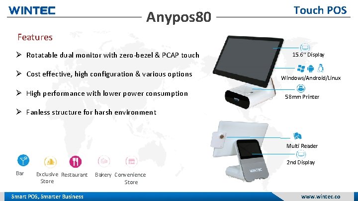 Anypos 80 Touch POS Features Rotatable dual monitor with zero-bezel & PCAP touch Cost