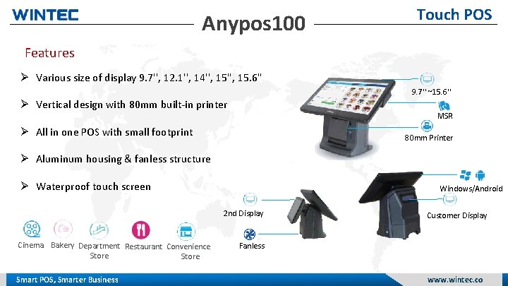 Anypos 100 Touch POS Features Various size of display 9. 7'', 12. 1'', 14'',