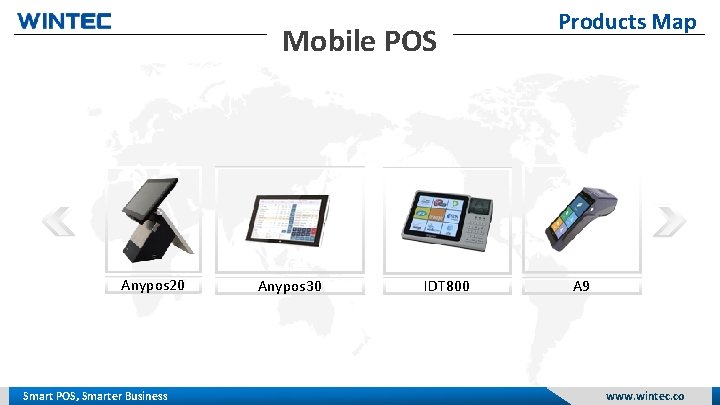 Mobile POS Anypos 20 Smart POS, Smarter Business Anypos 30 IDT 800 Products Map