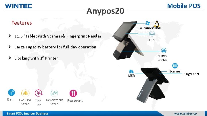 Mobile POS Anypos 20 Features Windows/Linux 11. 6'' tablet with Scanner& Fingerprint Reader 11.