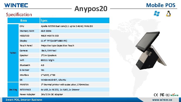 Anypos 20 Specification Tablet Docking Item Spec. CPU Apollo N 3350 Dual core(1. 1