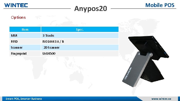 Mobile POS Anypos 20 Options Item Spec. MSR 3 Tracks RFID ISO 14443 A