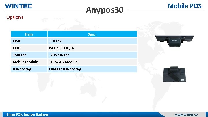 Mobile POS Anypos 30 Options Item Spec. MSR 3 Tracks RFID ISO 14443 A