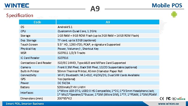 Mobile POS A 9 Specification Code A 9 OS CPU Storage Exp. Storage Touch