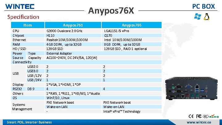 Anypos 76 X Specification Item CPU Chipset Ethernet RAM HD / SSD Type Power