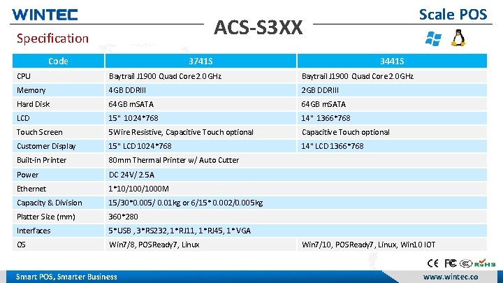 Scale POS ACS-S 3 XX Specification Code 3741 S 3441 S CPU Baytrail J