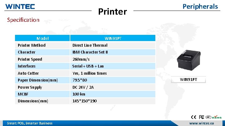 Printer Specification Model WIN 91 PT Printer Method Direct Line Thermal Character IBM Character