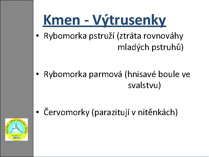 Kmen - Výtrusenky • Rybomorka pstruží (ztráta rovnováhy mladých pstruhů) • Rybomorka parmová (hnisavé