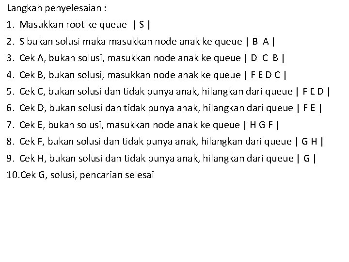 Langkah penyelesaian : 1. Masukkan root ke queue | S | 2. S bukan