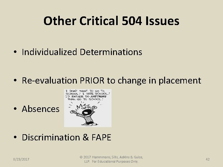 Other Critical 504 Issues • Individualized Determinations • Re-evaluation PRIOR to change in placement