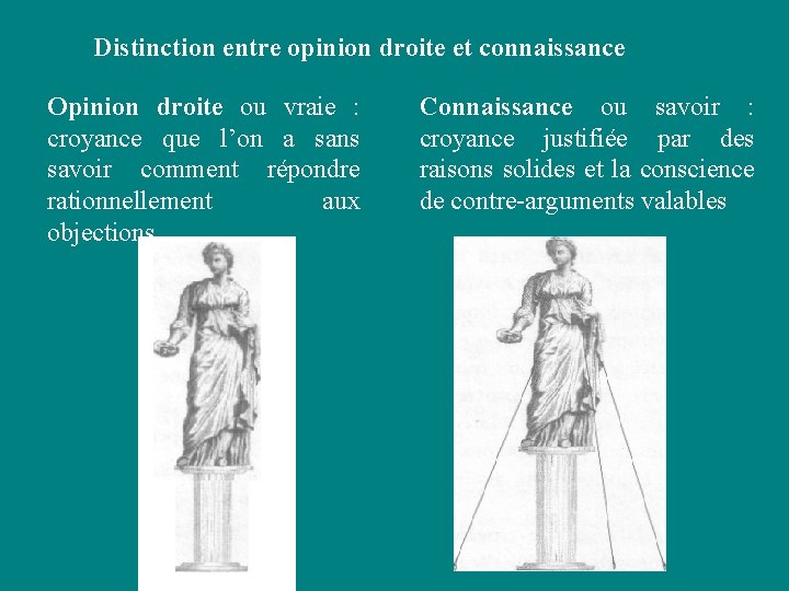  Distinction entre opinion droite et connaissance Opinion droite ou vraie : croyance que