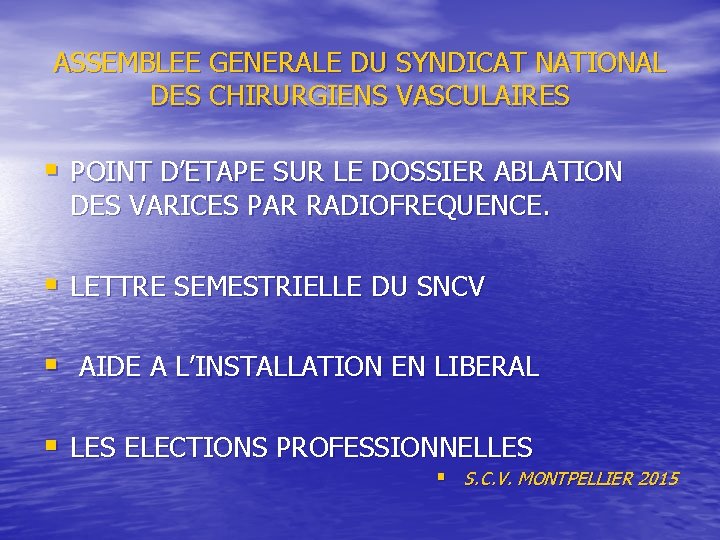 ASSEMBLEE GENERALE DU SYNDICAT NATIONAL DES CHIRURGIENS VASCULAIRES § POINT D’ETAPE SUR LE DOSSIER