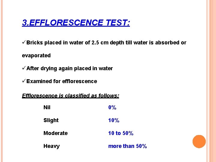 3. EFFLORESCENCE TEST: üBricks placed in water of 2. 5 cm depth till water