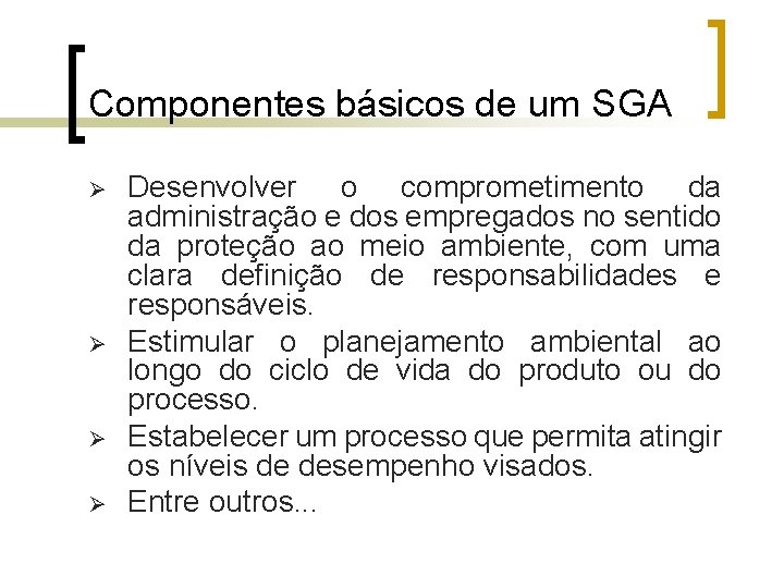 Componentes básicos de um SGA Ø Ø Desenvolver o comprometimento da administração e dos