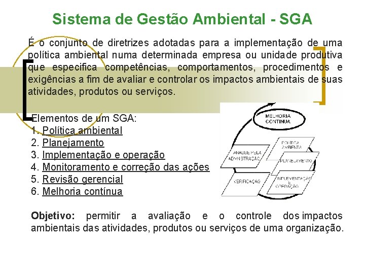 Sistema de Gestão Ambiental - SGA É o conjunto de diretrizes adotadas para a